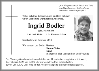 Traueranzeige von Ingrid Bodler von Allgäuer Anzeigeblatt
