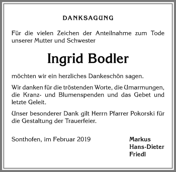 Traueranzeige von Ingrid Bodler von Allgäuer Anzeigeblatt
