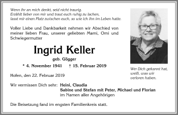 Traueranzeige von Ingrid Keller von Allgäuer Anzeigeblatt
