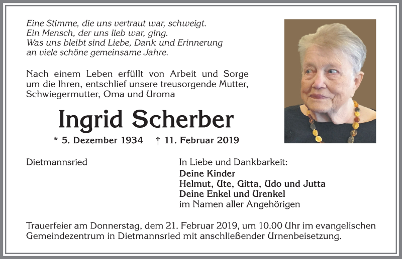  Traueranzeige für Ingrid Scherber vom 16.02.2019 aus Allgäuer Zeitung,Kempten