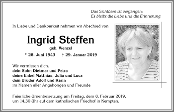 Traueranzeige von Ingrid Steffen von Allgäuer Zeitung,Kempten