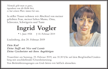 Traueranzeige von Ingrid Vogler von Der Westallgäuer