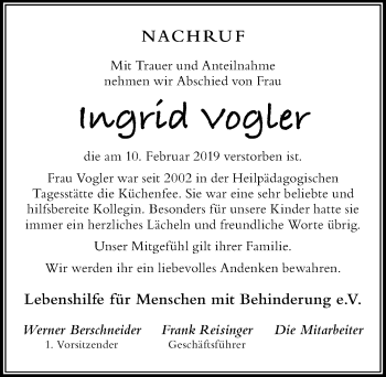 Traueranzeige von Ingrid Vogler von Der Westallgäuer