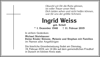 Traueranzeige von Ingrid Weiss von Allgäuer Zeitung,Kempten