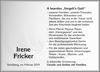 Traueranzeige von Irene Fricker von Allgäuer Anzeigeblatt