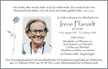 Traueranzeige von Irene Pfanzelt von Allgäuer Zeitung, Füssen