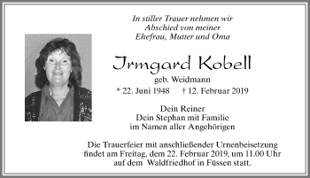 Traueranzeige von Irmgard Kobell von Allgäuer Zeitung, Füssen