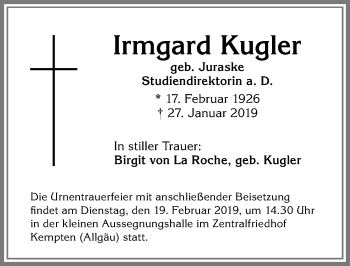 Traueranzeige von Irmgard Kugler von Allgäuer Zeitung,Kempten