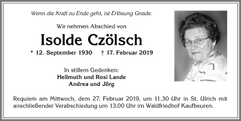 Traueranzeige von Isolde Czölsch von Allgäuer Zeitung, Kaufbeuren/Buchloe