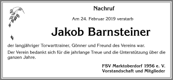 Traueranzeige von Jakob Barnsteiner von Allgäuer Zeitung, Marktoberdorf