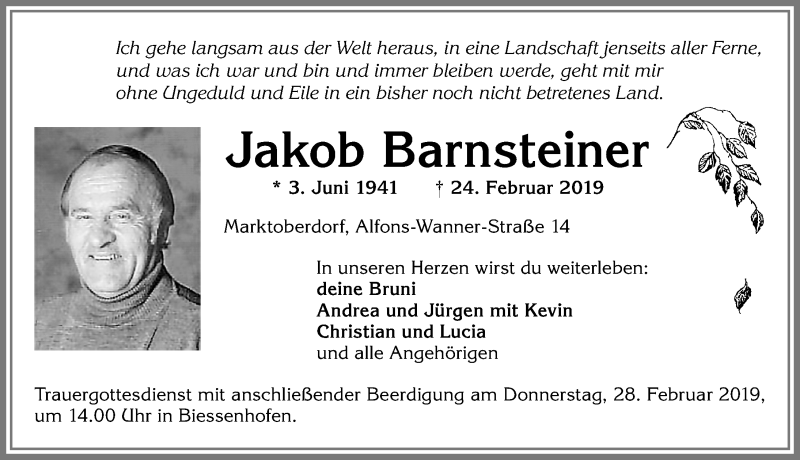  Traueranzeige für Jakob Barnsteiner vom 27.02.2019 aus Allgäuer Zeitung, Marktoberdorf