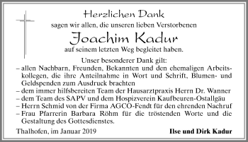 Traueranzeige von Joachim Kadur von Allgäuer Zeitung, Marktoberdorf