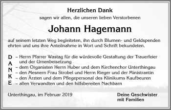 Traueranzeige von Johann Hagemann von Allgäuer Zeitung, Marktoberdorf