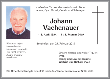 Traueranzeige von Johann Vachenauer von Allgäuer Anzeigeblatt