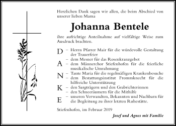 Traueranzeige von Johanna Bentele von Der Westallgäuer