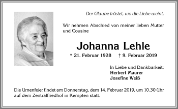 Traueranzeige von Johanna Lehle von Allgäuer Zeitung,Kempten