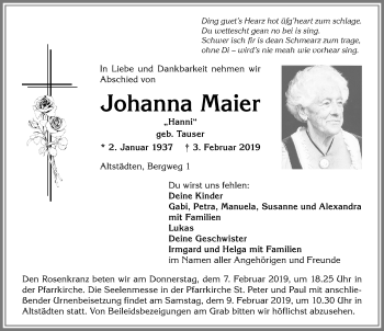 Traueranzeige von Johanna Maier von Allgäuer Anzeigeblatt