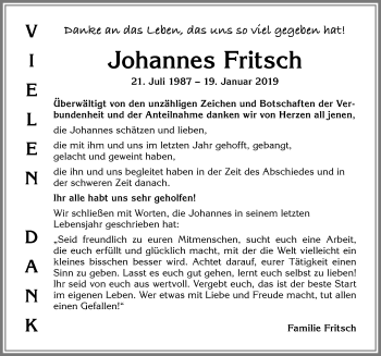Traueranzeige von Johannes Fritsch von Allgäuer Zeitung, Kaufbeuren/Buchloe