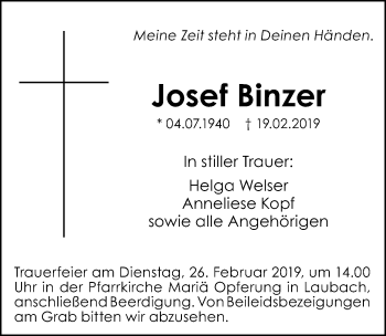 Traueranzeige von Josef Binzer von Memminger Zeitung
