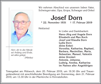 Traueranzeige von Josef Dorn von Allgäuer Zeitung,Kempten