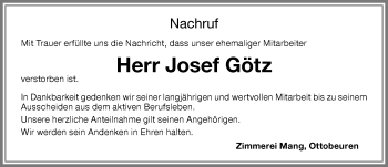 Traueranzeige von Josef Götz von Memminger Zeitung