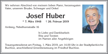 Traueranzeige von Josef Huber von Allgäuer Zeitung, Kaufbeuren/Buchloe