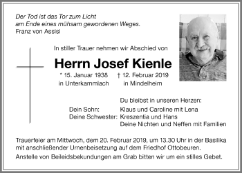 Traueranzeige von Josef Kienle von Allgäuer Zeitung