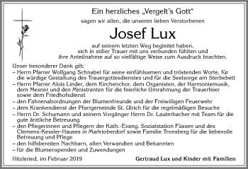 Traueranzeige von Josef Lux von Allgäuer Zeitung, Füssen