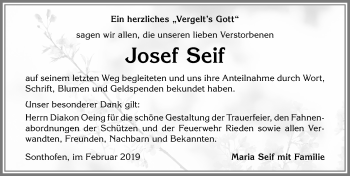Traueranzeige von Josef Seif von Allgäuer Anzeigeblatt