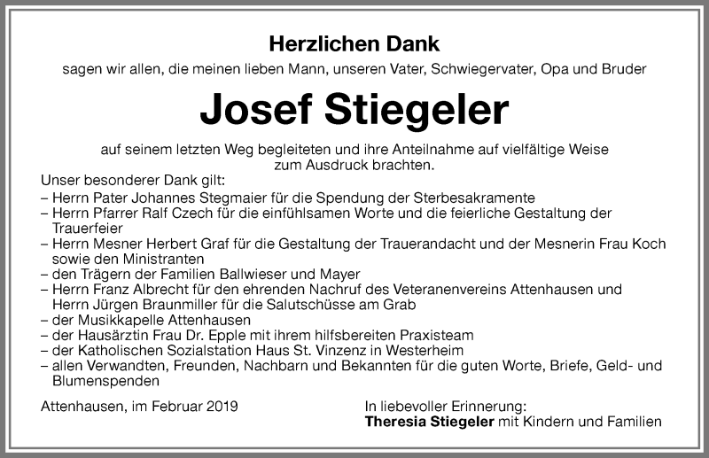  Traueranzeige für Josef Stiegeler vom 23.02.2019 aus Memminger Zeitung
