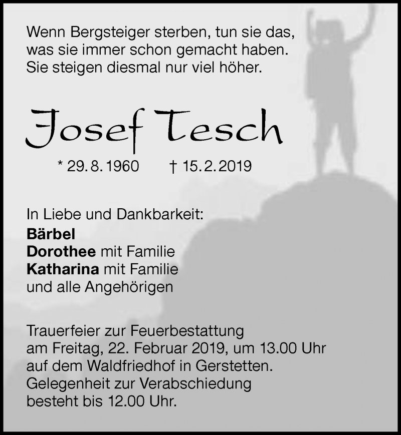  Traueranzeige für Josef Tesch vom 21.02.2019 aus Allgäuer Zeitung,Kempten