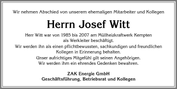 Traueranzeige von Josef Witt von Allgäuer Zeitung,Kempten