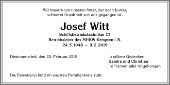 Traueranzeige von Josef Witt von Allgäuer Zeitung,Kempten