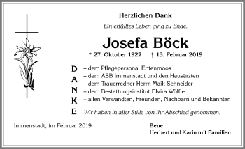 Traueranzeige von Josefa Böck von Allgäuer Anzeigeblatt