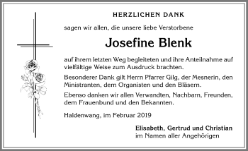Traueranzeige von Josefine Blenk von Allgäuer Zeitung,Kempten