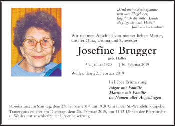 Traueranzeige von Josefine Brugger von Der Westallgäuer