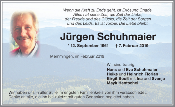 Traueranzeige von Jürgen Schuhmaier von Memminger Zeitung