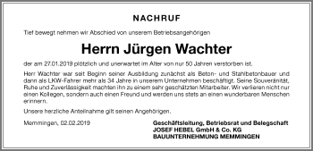Traueranzeige von Jürgen Wachter von Memminger Zeitung