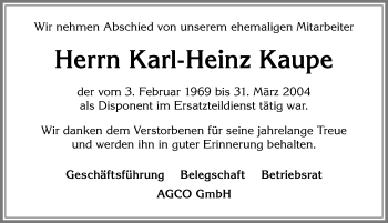Traueranzeige von Karl-Heinz Kaupe von Allgäuer Zeitung, Marktoberdorf