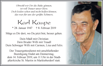Traueranzeige von Karl Kaupe von Allgäuer Zeitung, Marktoberdorf
