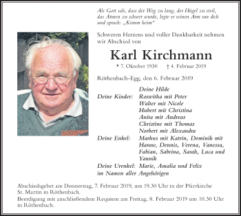 Traueranzeige von Karl Kirchmann von Der Westallgäuer