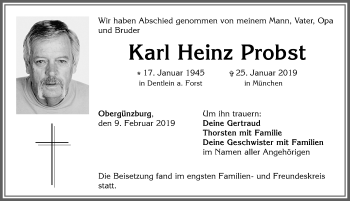 Traueranzeige von Karl Heinz Probst von Allgäuer Zeitung, Marktoberdorf
