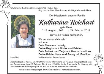 Traueranzeige von Katharina Reichart von Allgäuer Zeitung,Kempten