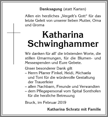 Traueranzeige von Katharina Schwinghammer von Allgäuer Anzeigeblatt