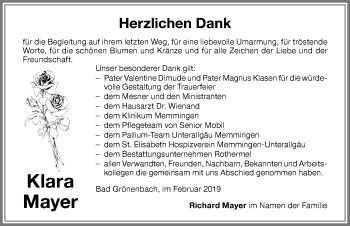 Traueranzeige von Klara Mayer von Memminger Zeitung