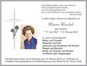 Traueranzeige von Klara Riedel von Allgäuer Zeitung, Füssen