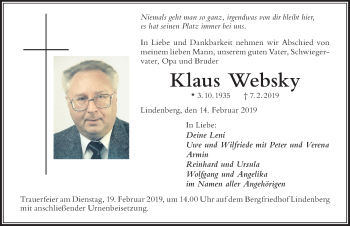Traueranzeige von Klaus Websky von Der Westallgäuer