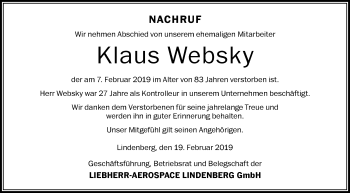 Traueranzeige von Klaus Websky von Der Westallgäuer