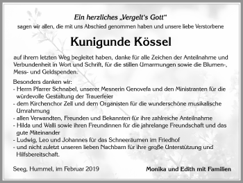 Traueranzeige von Kunigunde Kössel von Allgäuer Zeitung, Füssen