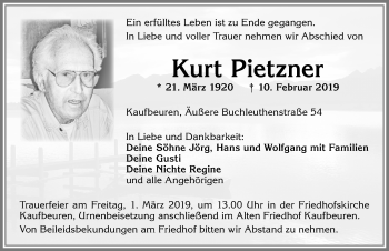 Traueranzeige von Kurt Pietzner von Allgäuer Zeitung, Kaufbeuren/Buchloe